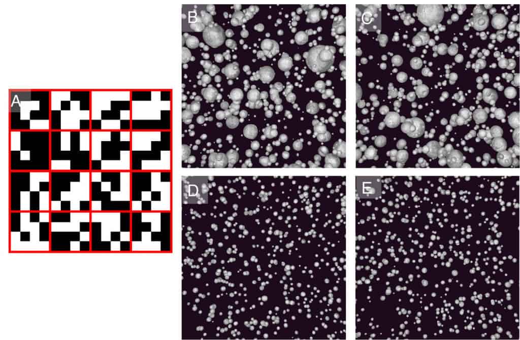 Pixels brancos representam os depósitos de lítio mais superficiais e os pretos representam substrato ou lítio inativo na amostra.