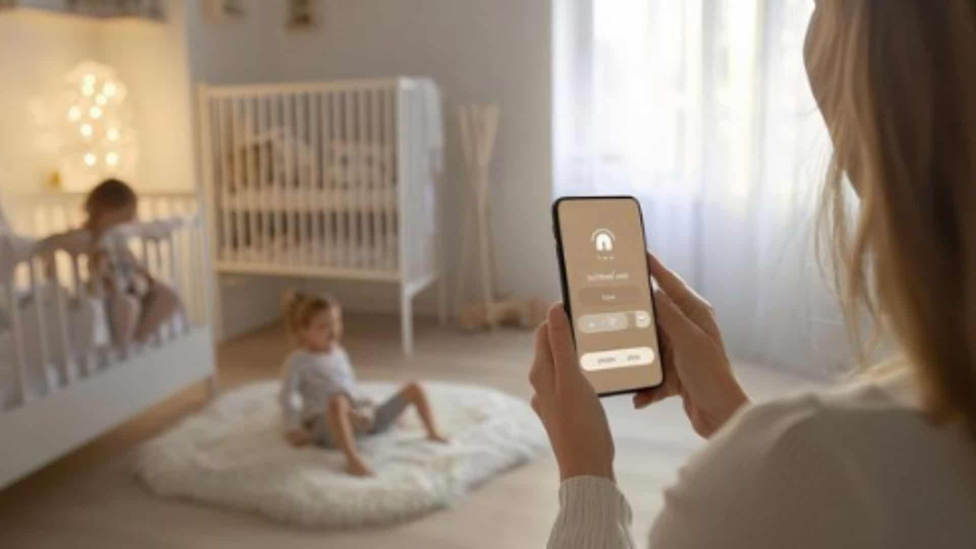 mulher olhando para o celular enquanto cuida das crianças em um quarto infantil