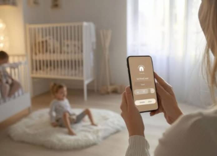 mulher olhando para o celular enquanto cuida das crianças em um quarto infantil