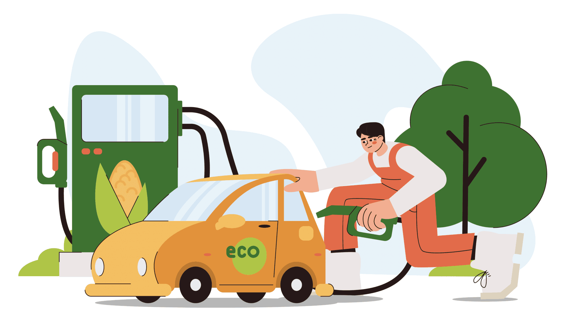 ilustração mostrando um homem abastecendo o carro com etanol