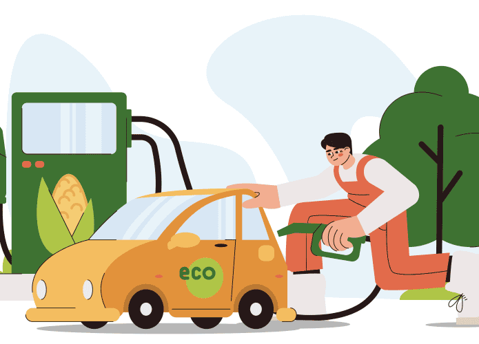 ilustração mostrando um homem abastecendo o carro com etanol