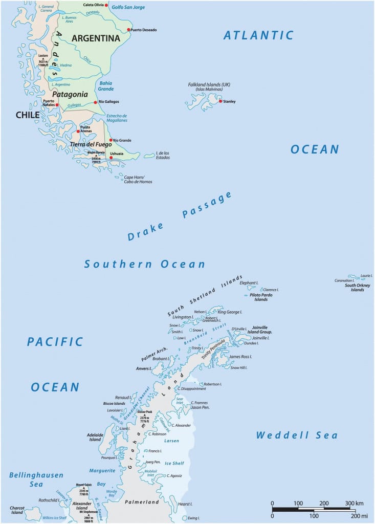 Mapa com a Passagem de Drake 