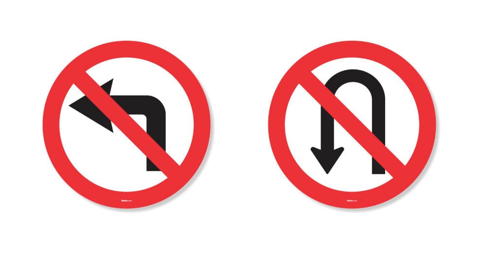imagem de sinalizações em placas de trânsito Proibido virar à esquerda X Proibido retornar à esquerda