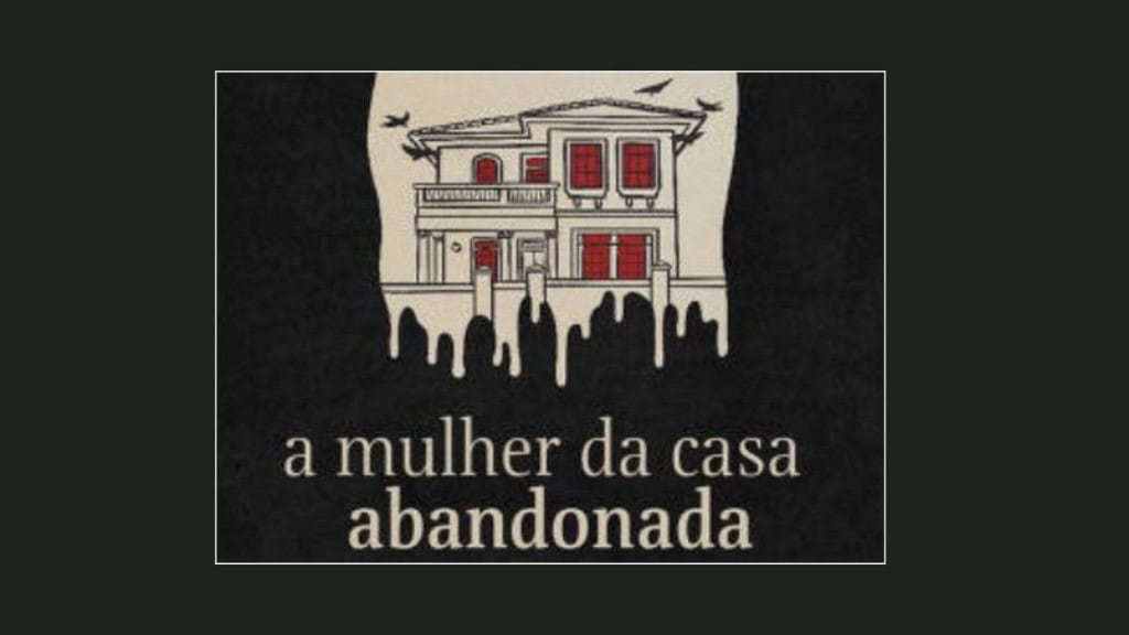 Desenho de uma casa com arte em janelas vermelhas e o restando em contorno preto.