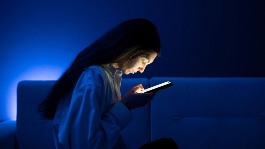 Uma pessoa jovem parece estar com um problema de visão em uma sala mal iluminada, sugerindo o estresse da má visão ao visualizar dispositivos a uma curta distância.