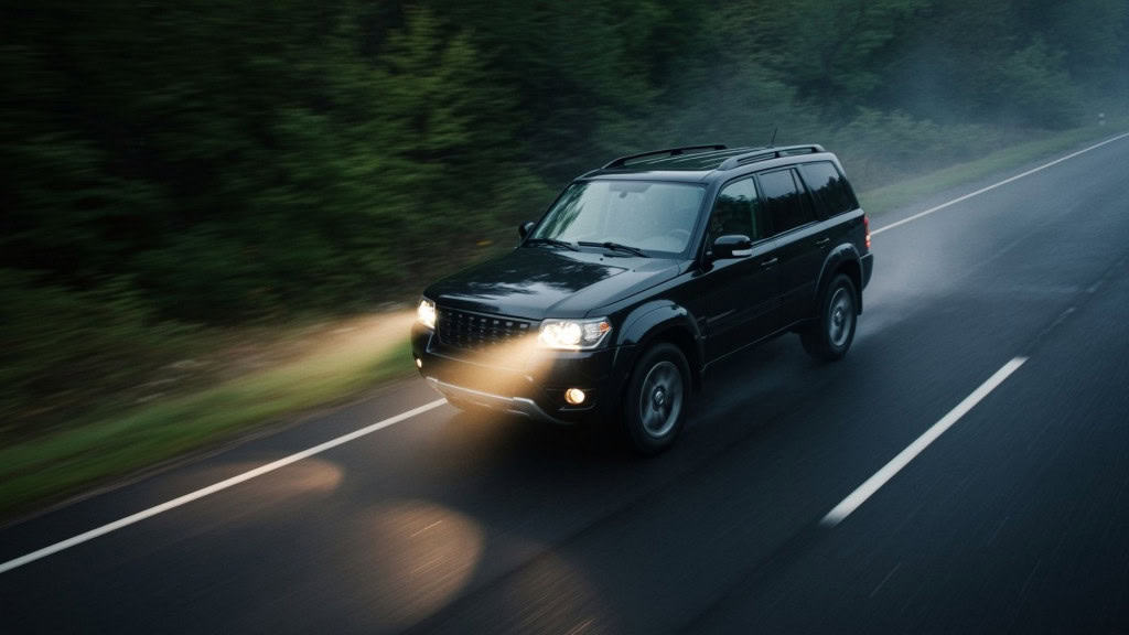 Um SUV preto dirigindo muito rápido em um longo trecho de estrada preta e lisa, visto de um ângulo superior dramaticamente inclinado, perspectiva diagonal extrema. Faróis acesos iluminando uma leve névoa. Árvores e vegetação ao fundo. Desfoque de movimento. Robusto off-road.