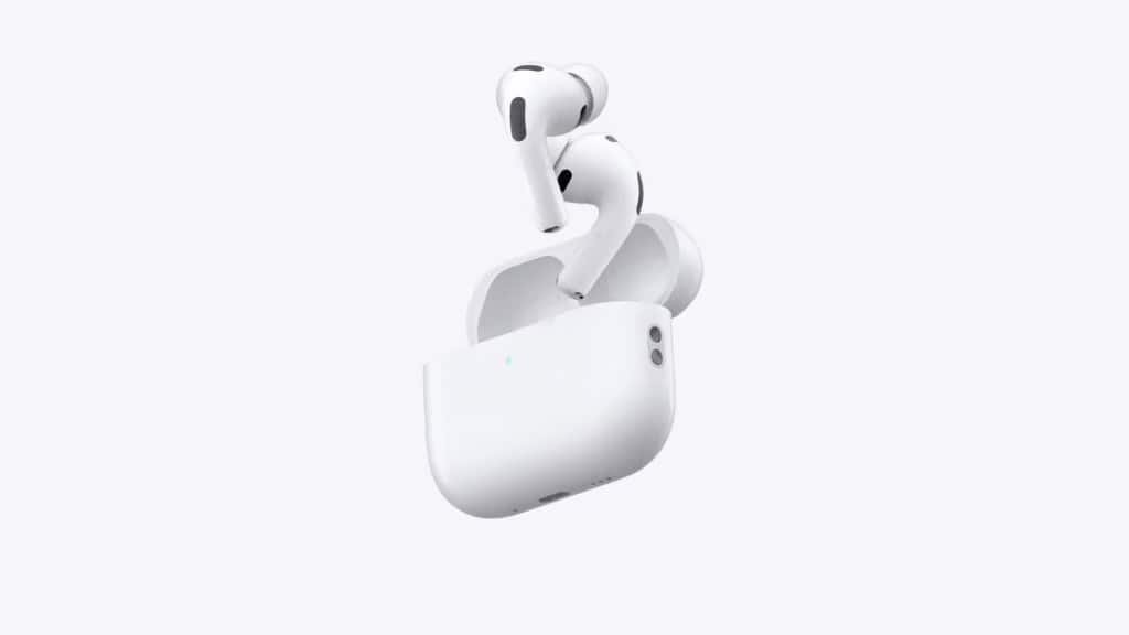 Montagem mostrando AirPods Pro 3 flutuando fora da caixinha