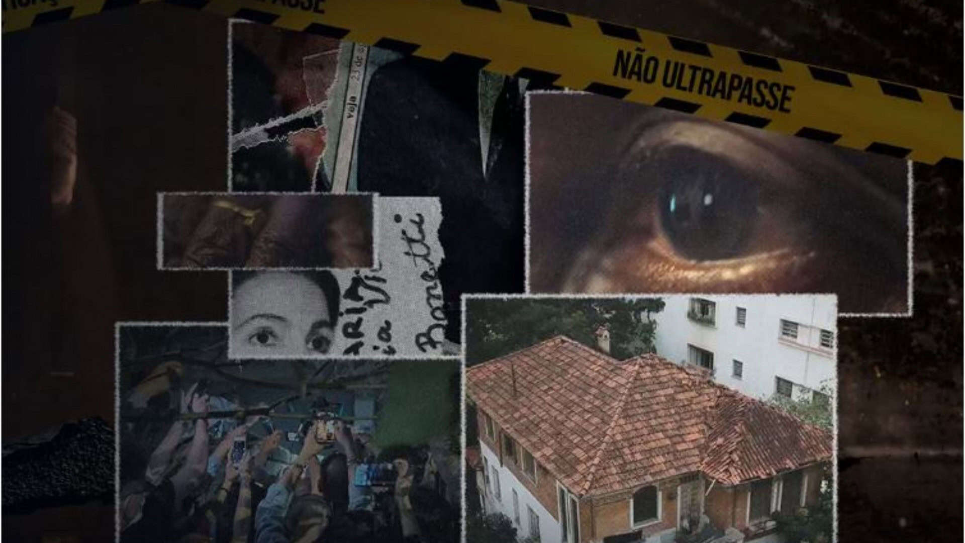 Faixa amarela de “não ultrapasse” marca uma cena de investigação, com rostos, mãos trocando objetos e celulares filmando, sugerindo mistério e tensão. Ao fundo, uma casa com telhado vermelho e sombras completam o clima de suspense.