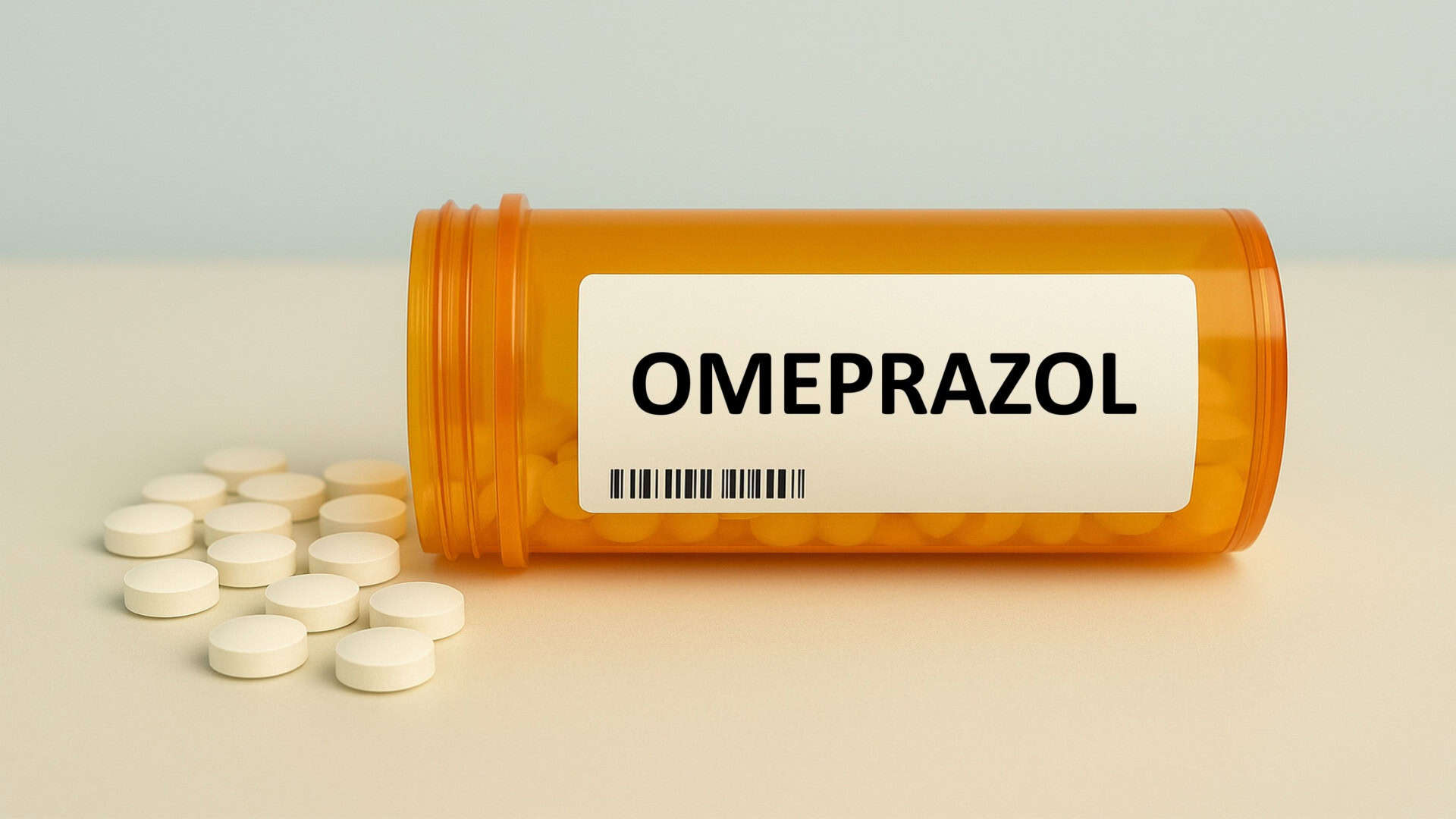 Caixa de comprimidos de omeprazol colocada sobre uma mesa, inibidor da bomba de protões para condições relacionadas com o ácido em uso diário.