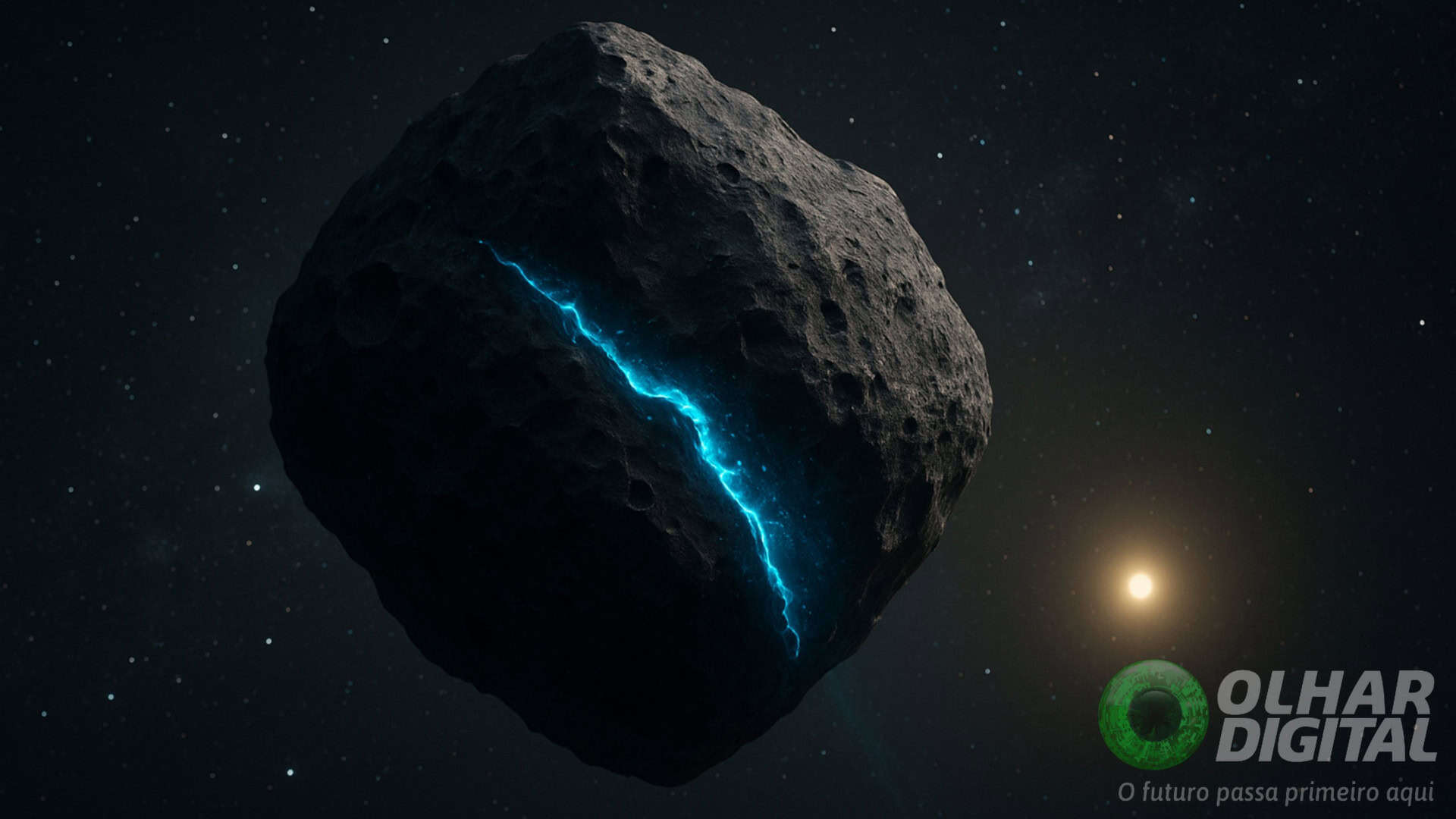 Ilustração de veio luminoso de água cortando asteroide Ryugu no espaço