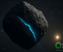 Ilustração de veio luminoso de água cortando asteroide Ryugu no espaço