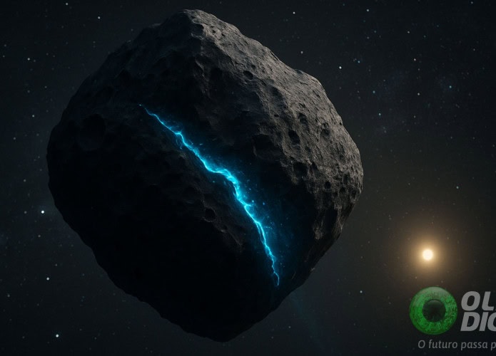 Ilustração de veio luminoso de água cortando asteroide Ryugu no espaço