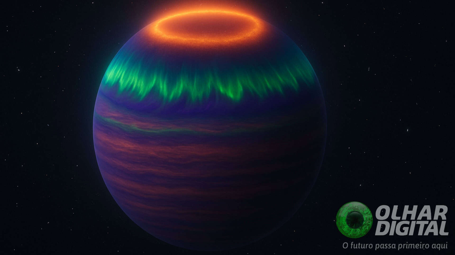 Ilustração científica realista mostrando um planeta gigante gasoso isolado no espaço, com auroras brilhantes em tons de verde, roxo e azul iluminando sua atmosfera superior