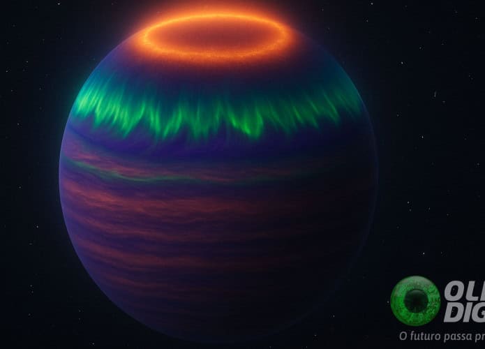 Ilustração científica realista mostrando um planeta gigante gasoso isolado no espaço, com auroras brilhantes em tons de verde, roxo e azul iluminando sua atmosfera superior