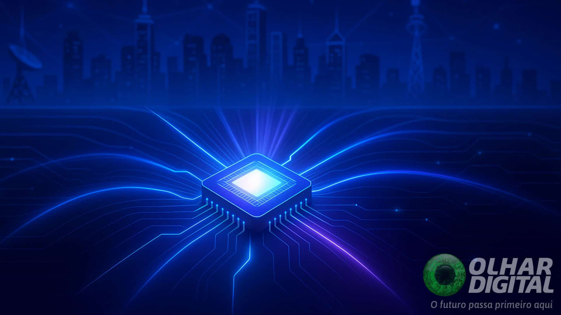 Ilustração de chip 6G com cidade ao fundo