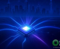 Ilustração de chip 6G com cidade ao fundo