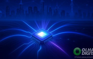 Ilustração de chip 6G com cidade ao fundo