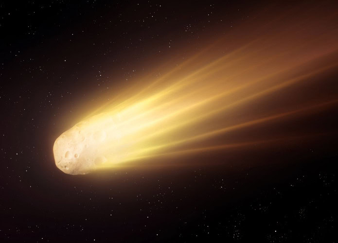 Ilustração de cometa cruzando o espaço igual uma bola de fogo