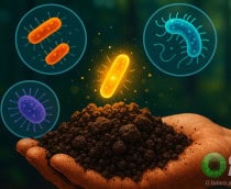 Ilustração de pessoa segurando punhado de terra com bactérias em volta e pílula dourada de antibiótico flutuando em cima