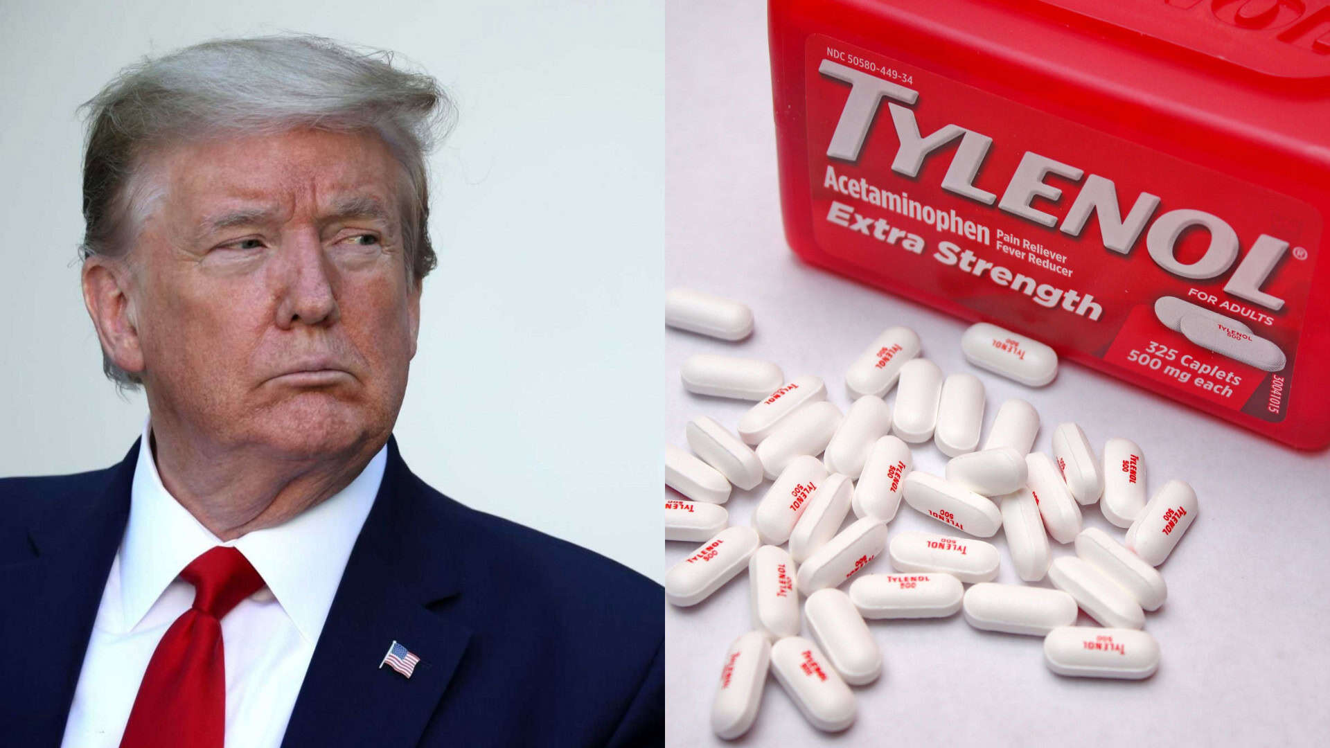 Montagem com fotos de Donald Trump e de caixa de Tylenol com comprimidos espalhados na frente dela
