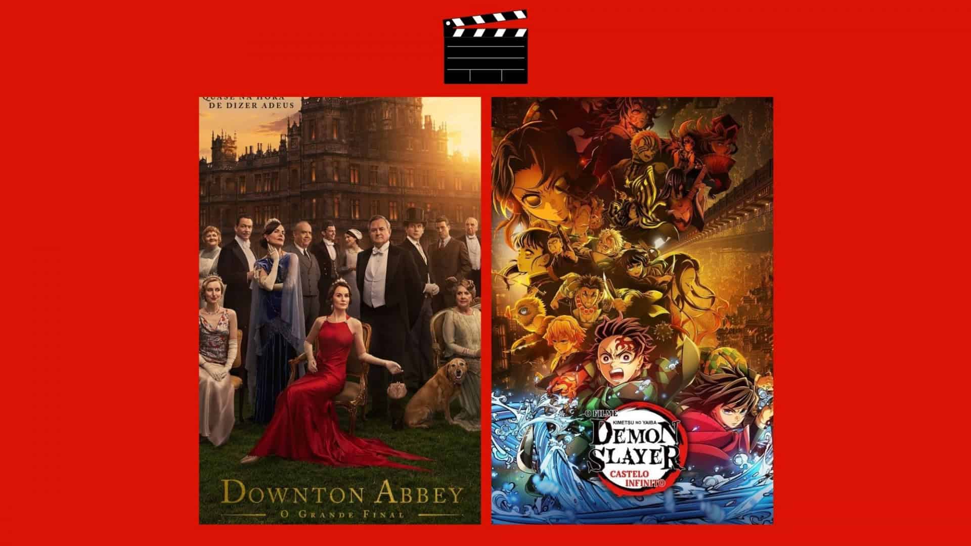 Montagem com pôsteres de Downton Abbey e Demon Slayer, dois entre os filmes que estreiam nos cinemas em 11 de setembro
