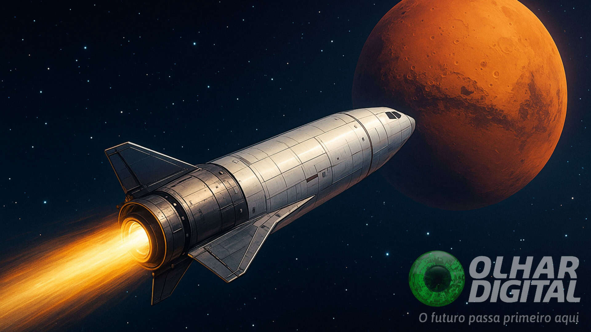 Ilustração de foguete nuclear viajando para Marte
