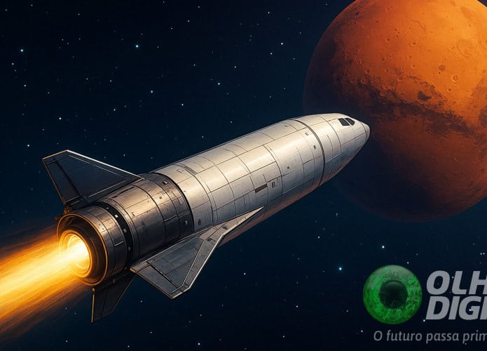 Ilustração de foguete nuclear viajando para Marte