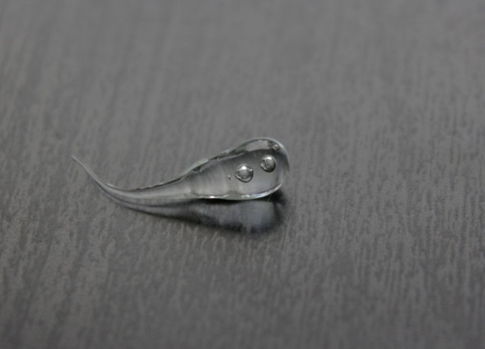 Gota de vidro, também chamada de Gota do Príncipe Rupert, em cima de mesa de madeira em imagem preto e branco