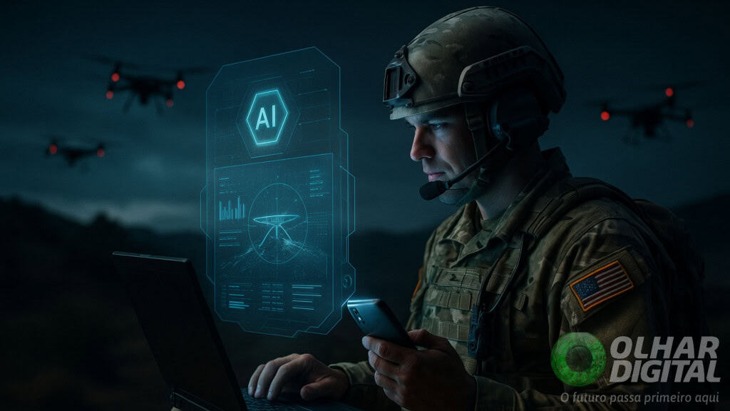 Ilustração de soldado do Exército dos EUA usando inteligência artificial (IA) em notebook e celular para controlar drones