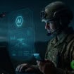 Ilustração de soldado do Exército dos EUA usando inteligência artificial (IA) em notebook e celular para controlar drones