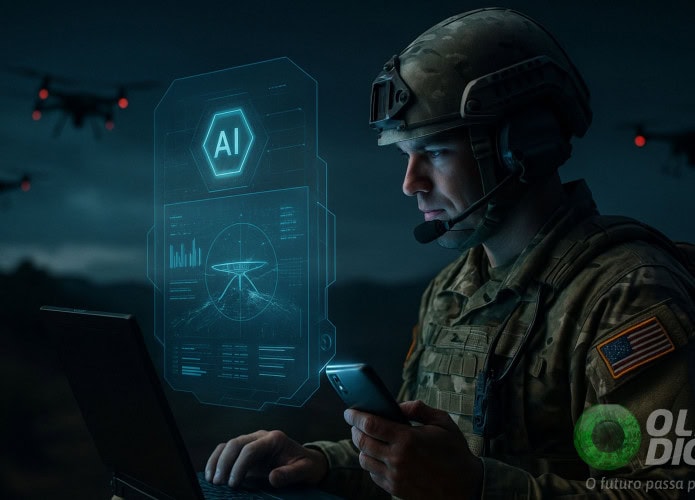 Ilustração de soldado do Exército dos EUA usando inteligência artificial (IA) em notebook e celular para controlar drones