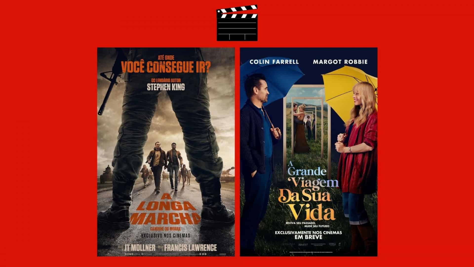 Montagem com pôsteres de A Longa Marcha e A Grande Viagem da sua Vida, dois entre os filmes que estreiam nos cinema em 18 de setembro no Brasil