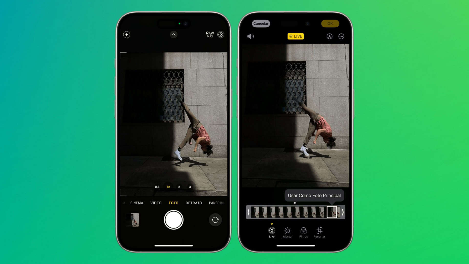 Montagem com capturas de tela de Live Photos num iPhone