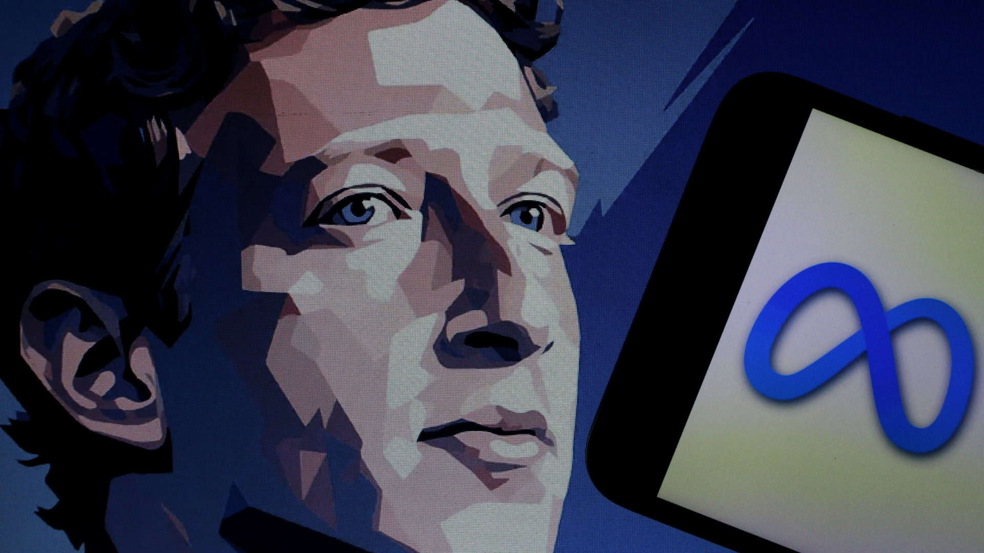 Ilustração de rosto de Mark Zuckerberg ao lado do logotipo da sua empresa, a Meta