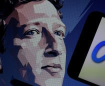 Ilustração de rosto de Mark Zuckerberg ao lado do logotipo da sua empresa, a Meta