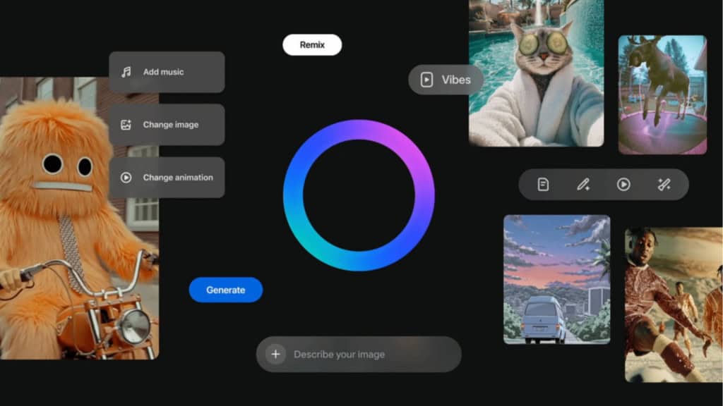 Montagem mostrando vídeos gerados por IA apresentados no novo feed da Meta chamado Vibes