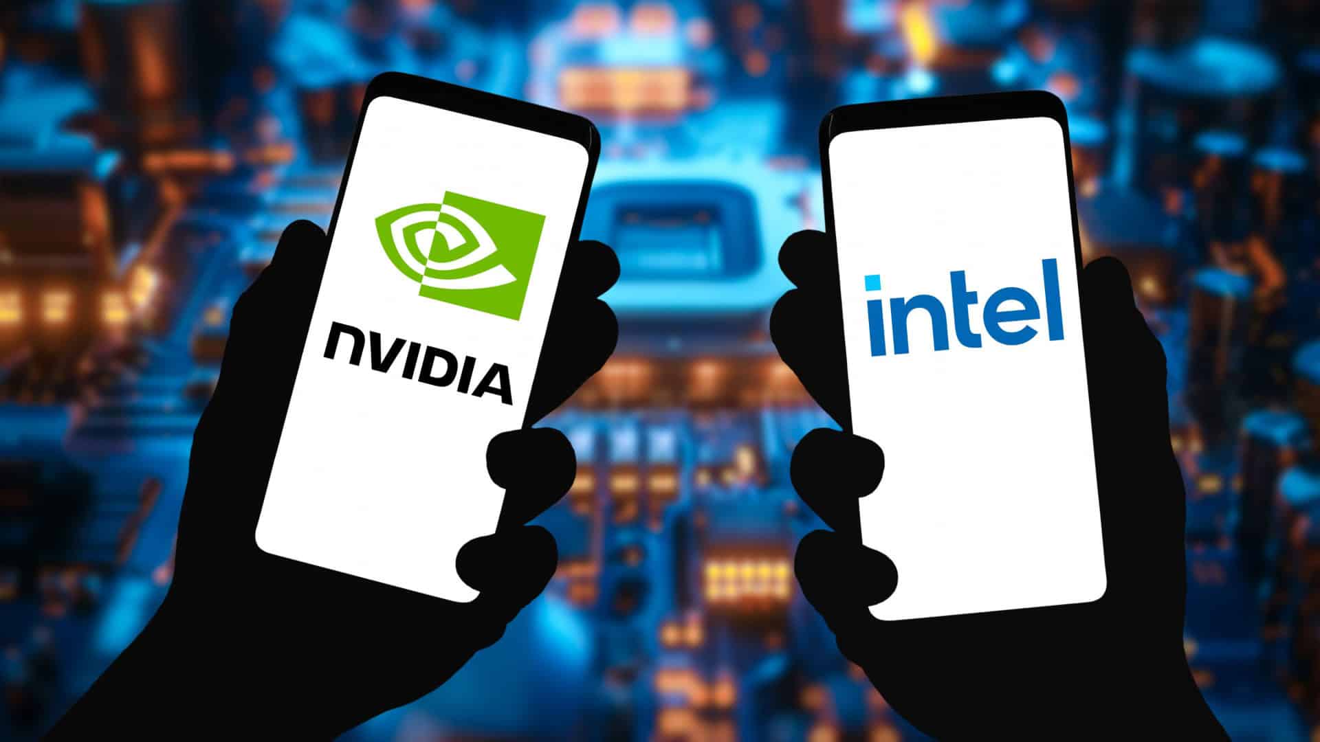 Pessoas segurando celulares com logotipos da Nvidia e da Intel na tela; atrás, uma tela grande exibe a ilustração de um chip