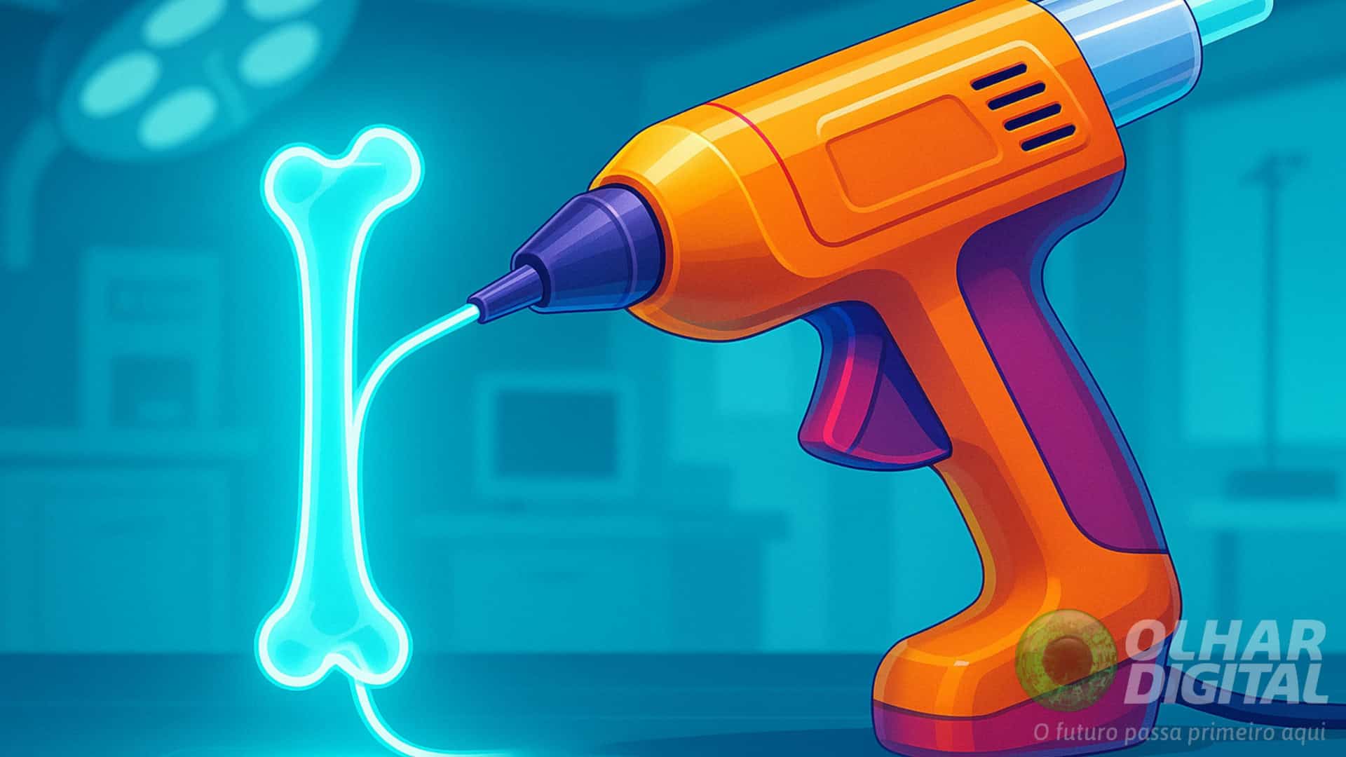 Ilustração de pistola de cola quente imprimindo um osso