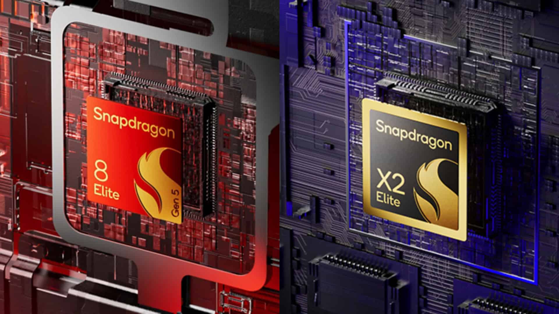 Montagem com ilustrações dos chips Snapdragon 8 Elite Gen 5 e X2 Elite da Qualcomm