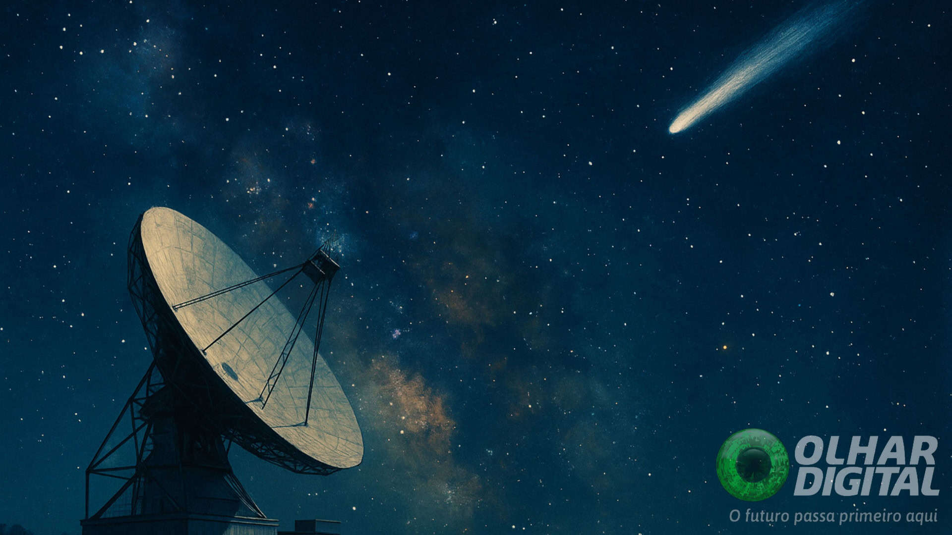Ilustração de radiotelescópio que captou sinal Uau apontado para o céu noturno enquanto cometa interestelar 3I/ATLAS passa