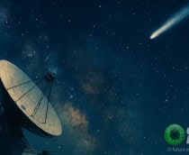 Ilustração de radiotelescópio que captou sinal Uau apontado para o céu noturno enquanto cometa interestelar 3I/ATLAS passa