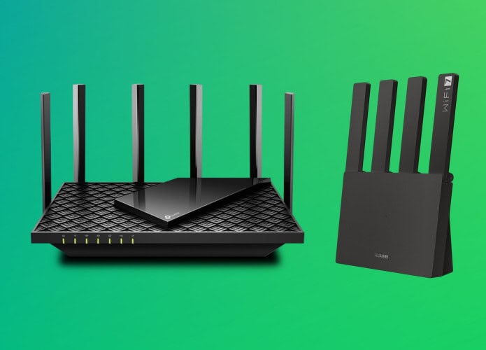 Montagem com modelos de roteador da TP-Link e da Huawei