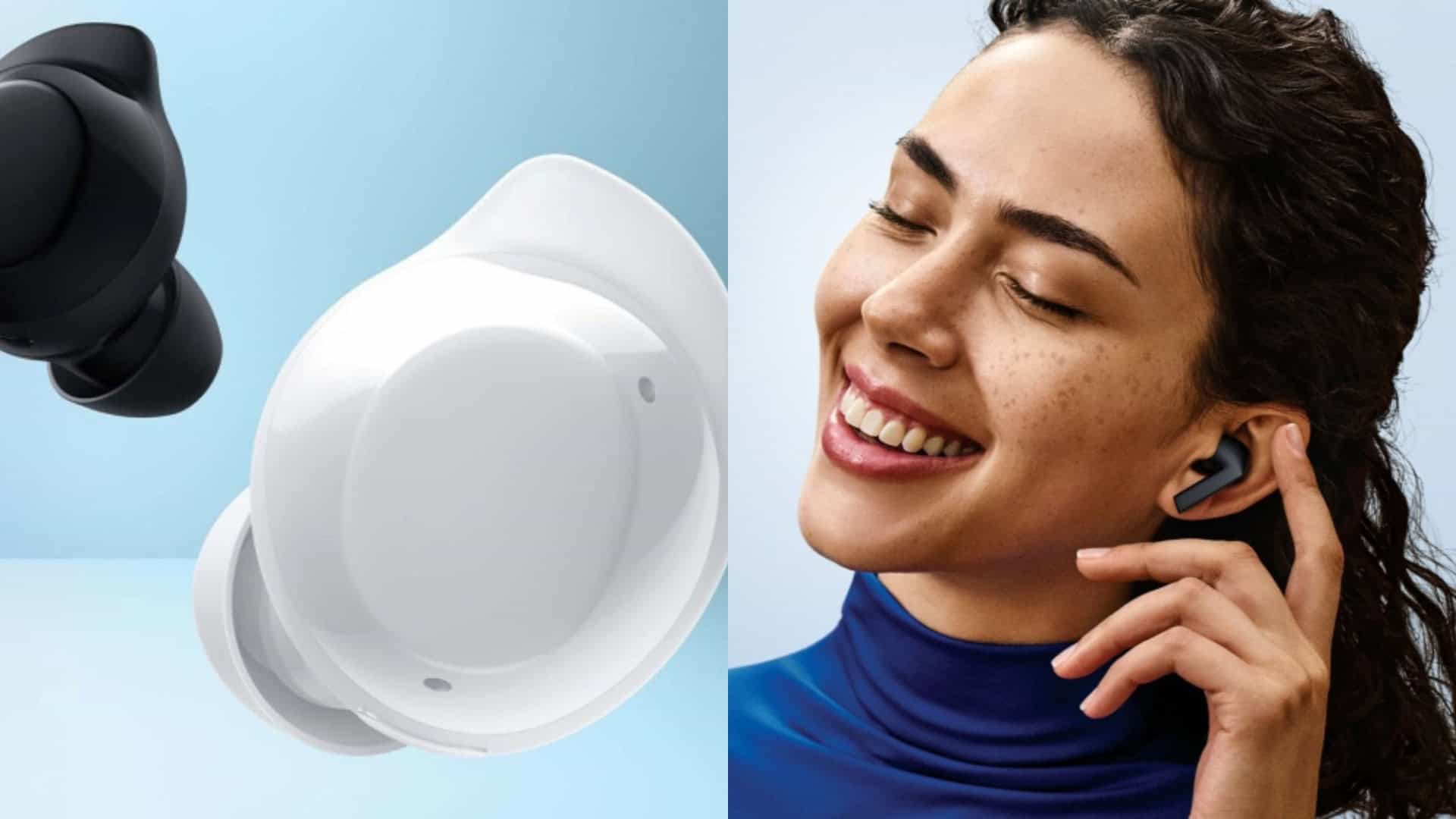 Montagem com imagens dos fones de ouvido Galaxy Buds Core e de mulher usando Galaxy Buds 3 FE da Samsung