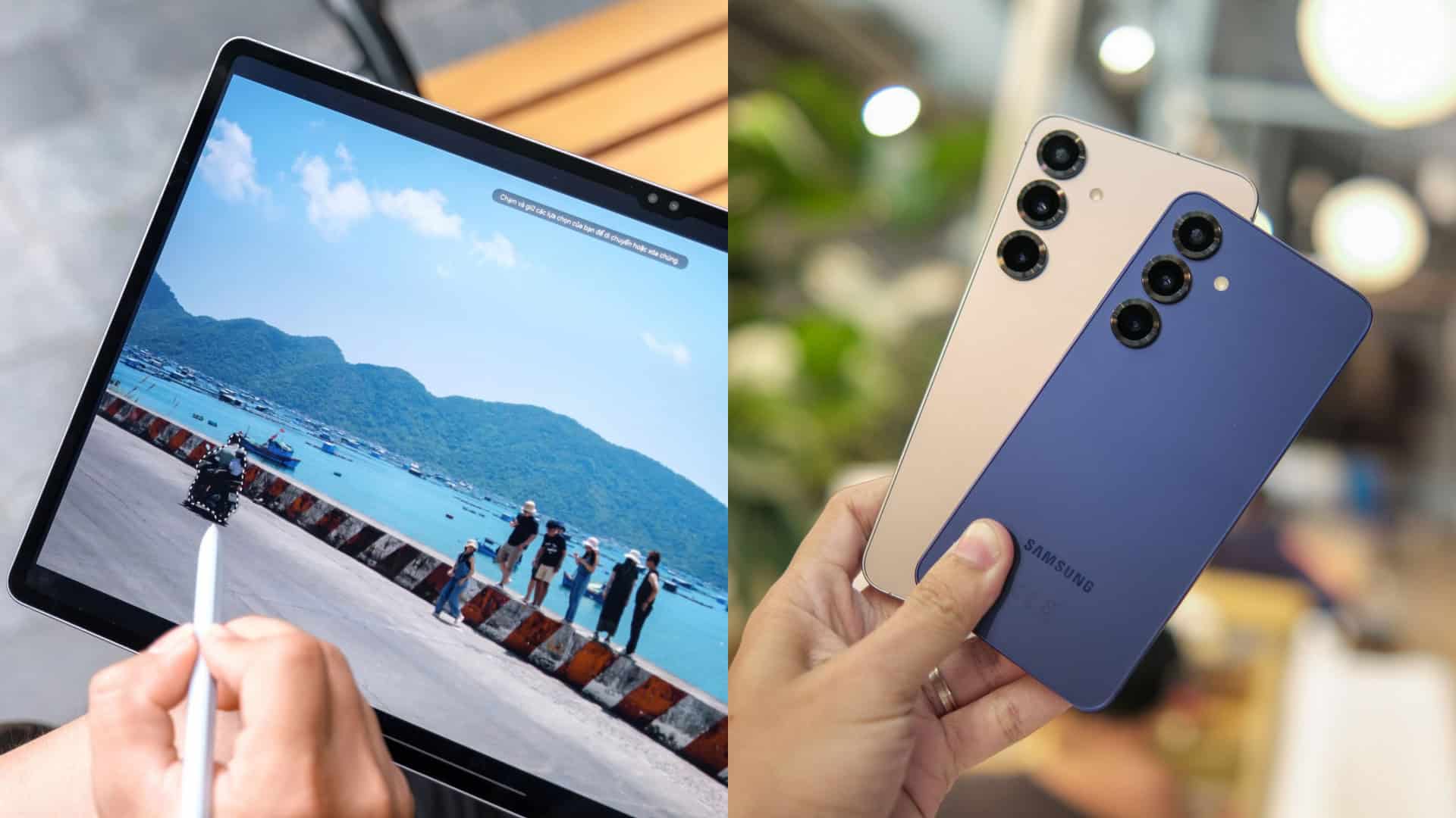 Montagem com fotos de pessoas usando Galaxy Tab S10 Ultra e Galaxy S25 da Samsung
