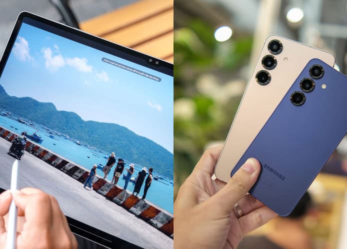 Montagem com fotos de pessoas usando Galaxy Tab S10 Ultra e Galaxy S25 da Samsung