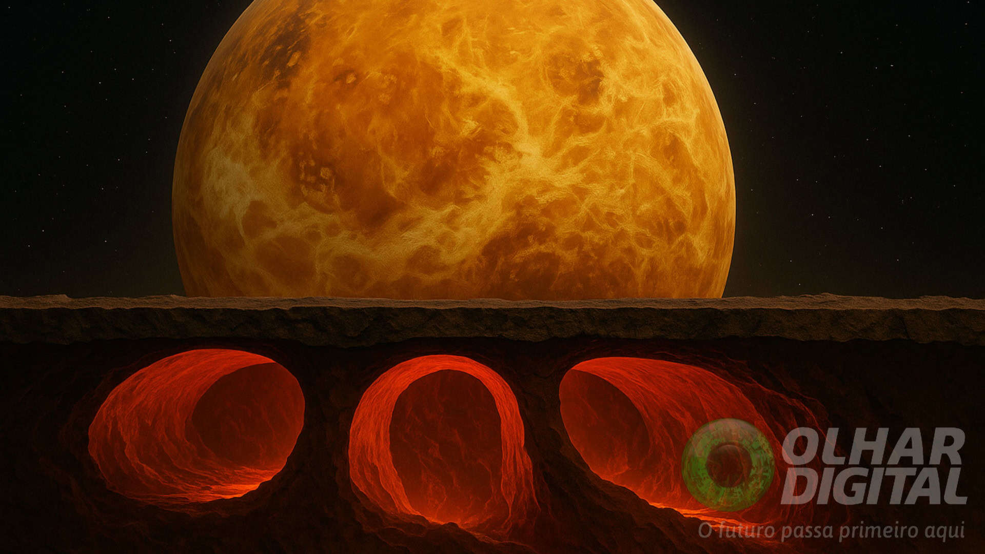 Ilustração de túneis de lava em Vênus
