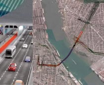 Montagem com ilustração e mapa mostrando túnel entre Santos e Guarujá