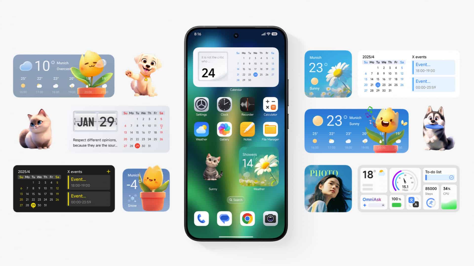 Montagem mostrando recursos do HyperOS 3, sistema da Xiaomi baseado no Android 16