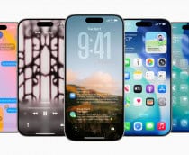 Montagem com modelos de iPhone exibindo telas do iOS 26