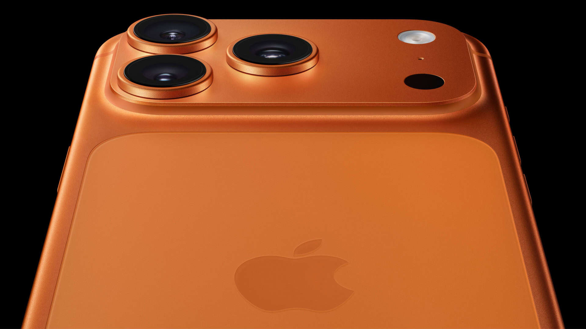 iPhone 17 Pro Max laranja visto de baixo para cima